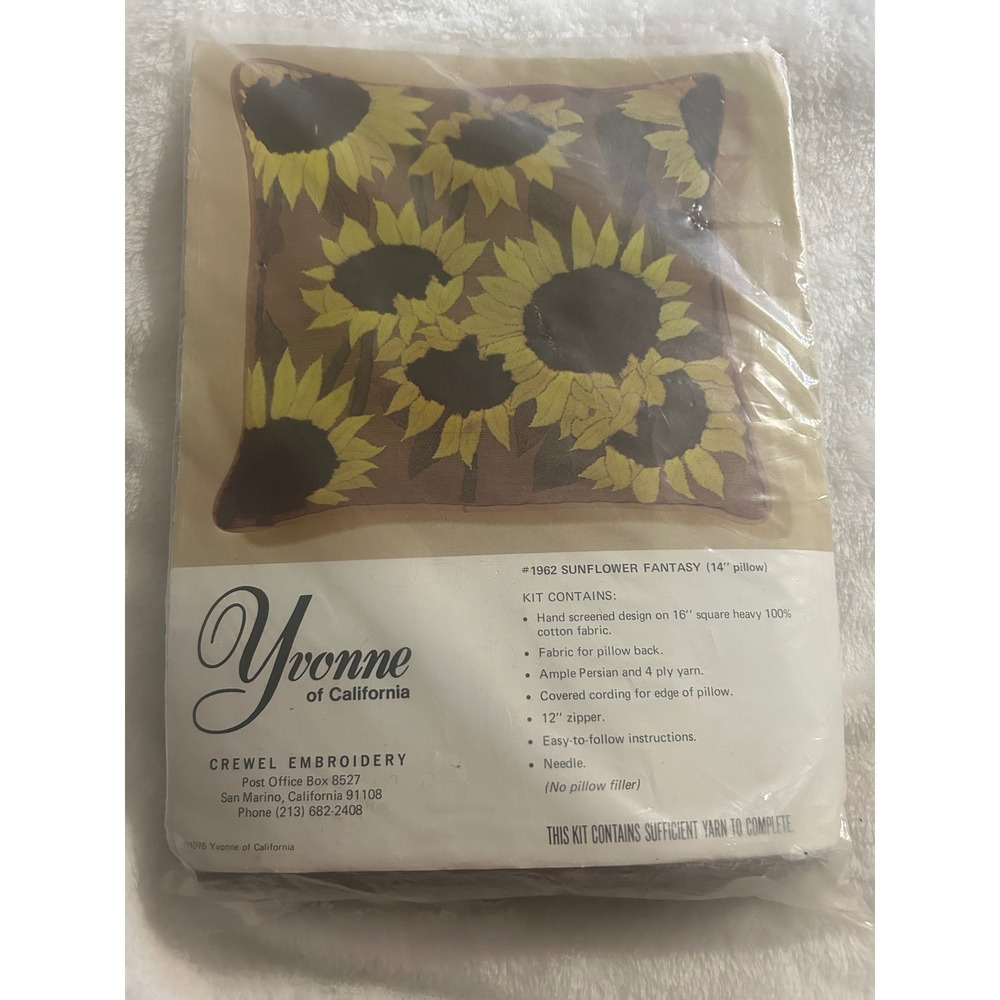 Vtg 1975 Yvonne of California Sunflower Fantasy Crewel Embroidery Pillow Kit NEW